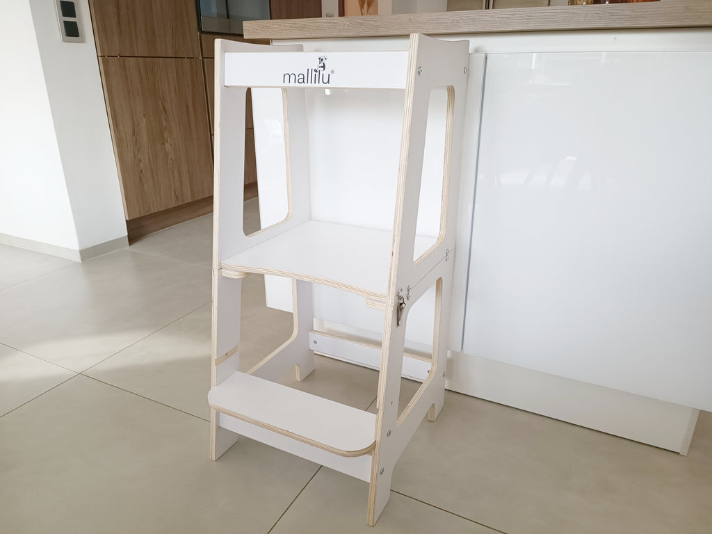 Küchenhelfer Turm Montessori 2 in 1 Set Tisch und Lernturm in einem weiß mit holzrand